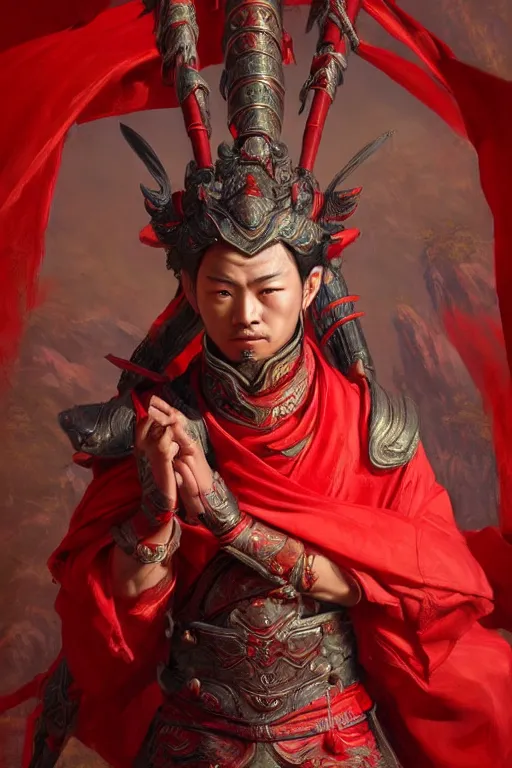 Image similar to a masterpiece portrait of nezha, red cloth around his shoulders, hold spear, cinematic, fantasy character portrait, highly detailed, by ne zha ( 2 0 1 9 ), fenghua zhong,