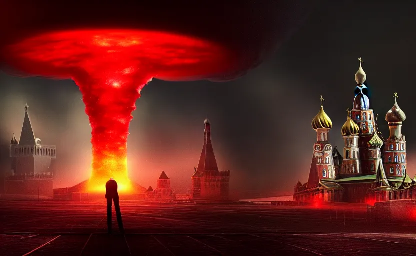Image similar to nuclear explosion with nuclear mushroom in Red Square Kremlin, intricate, dark atmosphere, cinematic shot, extremely high detail, photo realistic, cinematic lighting, post processed, artstation, matte painting, smooth, sharp focus, illustration, elegant, fantasy