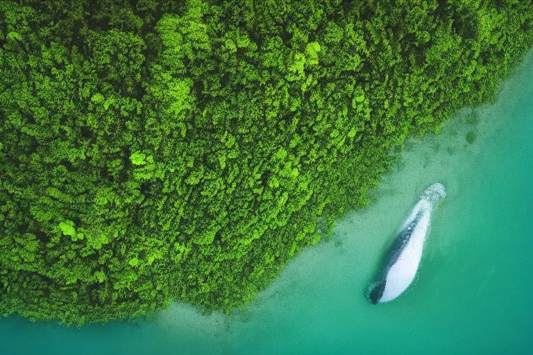 Image similar to a gigantic whale swimming over the green forest, aerial photography by yann arthus bertrand