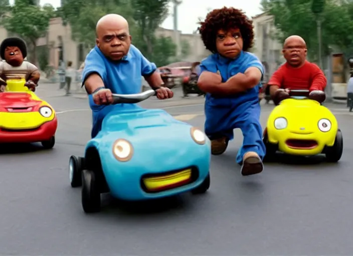 Prompt: peter dinklage racing gary coleman driving a little tikes cars, movie still, from the new fast and furious movie, 8 k, realistic