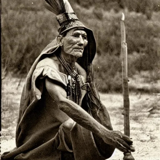 Image similar to old photograph of an ancient shaman performing a divine pagan ritual