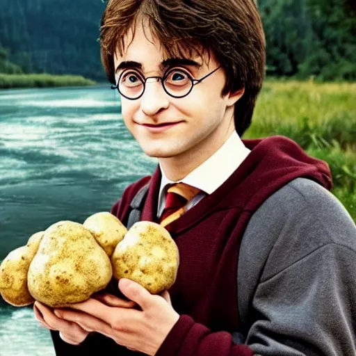 Prompt: harry potter holding cauliflower and eating a potato in a boat on a river, portrait