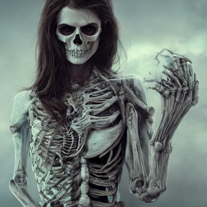 Image similar to portrait of Alexandra Daddario as a skeleton. intricate abstract. intricate artwork. by Tooth Wu, wlop, beeple, dan mumford. octane render, trending on artstation, greg rutkowski very coherent symmetrical artwork. cinematic, hyper realism, high detail, octane render, 8k, iridescent accents