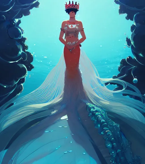 Image similar to portrait of a beautiful queen of the ocean with coral jewelry in complex and shiny dress made by jellyfish, by ross tran and atey ghailan, by greg rutkowski, by greg tocchini, by james gilleard, by joe fenton, by kaethe butcher, dynamic lighting, grunge aesthetic