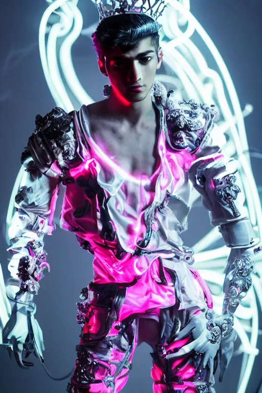 Image similar to full-body rococo and cyberpunk style neon statue of a young attractive Zayn Malik macho dotado e rico android sim roupa reclining con las piernas abertas e la piroca dura, glowing white laser eyes, prince crown of pink gears, diamonds, swirling silver-colored silk fabric. futuristic elements. full-length view. space robots. human skulls. intricate artwork by caravaggio. Trending on artstation, octane render, cinematic lighting from the right, hyper realism, octane render, 8k, depth of field, 3D