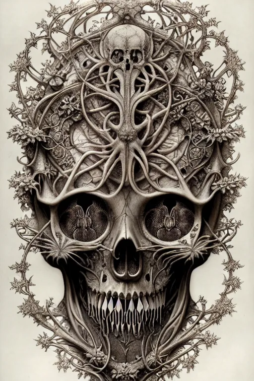 Image similar to art forms of nature by ernst haeckel, memento mori by arthur rackham, ornate antique porcelain beautiful skull mask, ultrasharp, photorealistic, hyperdetailed, octane render, polished, art nouveau, neo - gothic, gothic, intricate ornamental organic filigree, art nouveau botanicals, art forms of nature by ernst haeckel, horizontal symmetry, symbolist, visionary