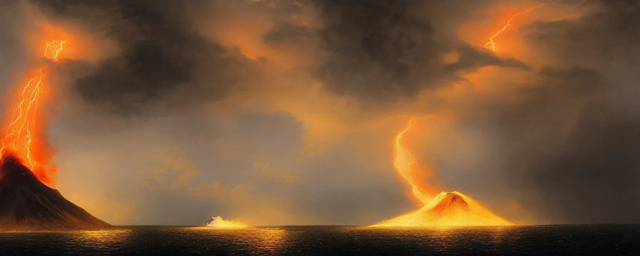Image similar to erupting icelandic volcano in a severe thunderstorm, in style of Aivazovsky, epic lighting, ultra realistic, 4k, hyper details,
