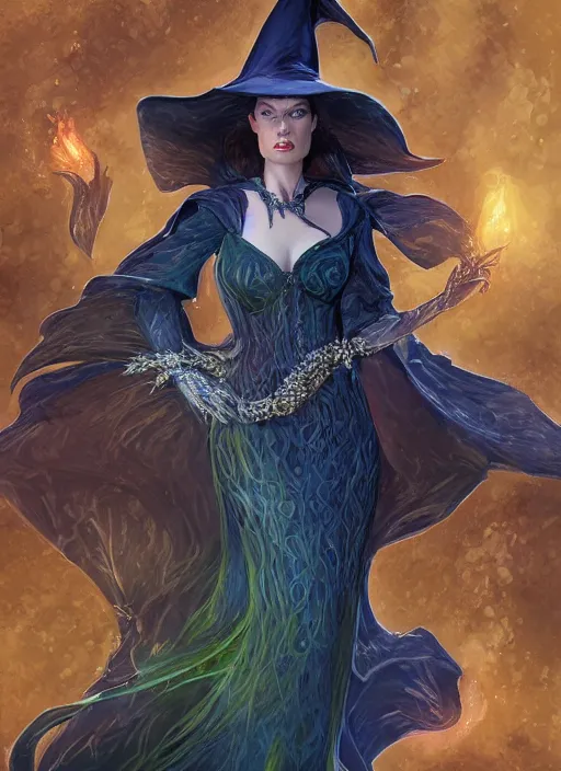 Image similar to beautiful female witch, rebecca romijn as wicked witch of the west, full body character concept, art nouveau, super powers, fantasy, intricate, elegant, highly detailed, digital painting, artstation, concept art, shining, sharp focus, illustration, art by stanley lau