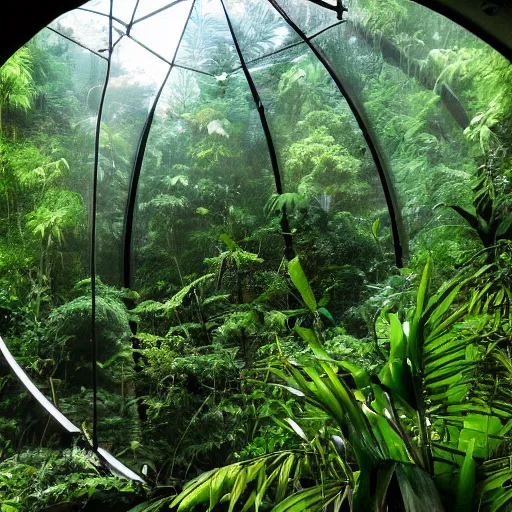 Image similar to photo of a beautiful rainforest habitat in a dome on the moon