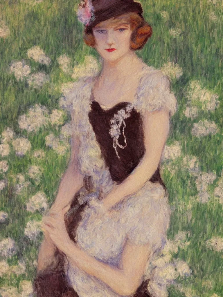 Image similar to portrait of < zelda fitzgerald > as a beautiful young lady wearing 1 9 2 0 s fashion, blurry face, brown hair, slim, fair, severe out of focus, depth of field, pleinairism, in the sun, backlit, closeup, oil on canvas, atr by monet, in the style of le promenade, smooth, impressionnisme, 8 k