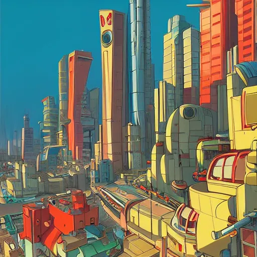 Image similar to futuristic city on a mountainside, red - yellow - blue buildings, city, cel - shaded, raytracing, cel - shading, toon - shading, 2 0 0 1 anime, flcl, jet set radio future, drawn by artgerm