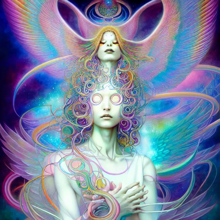Image similar to psychedelic angelic celestial being by yoshitaka amano, and peter mohrbacher, ayahuasca, sacred geometry, esoteric art, rainbow colors