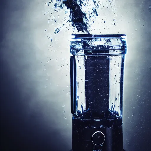 Image similar to dslr photo of a blender full of water, tornado inside of blender, full bodied portrait, very high quality, intricate details, extremely high quality, moody lighting, real camera, real photo, 8 k, full subject in shot, commercially ready