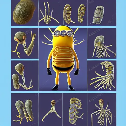 Image similar to A detailed biological anatomy of a minion, photorealistic, textbook, scientific