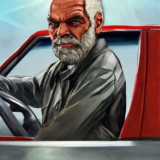 Image similar to highly detailed old man in car holding gun gta v art,, fantasy art by stephen bliss