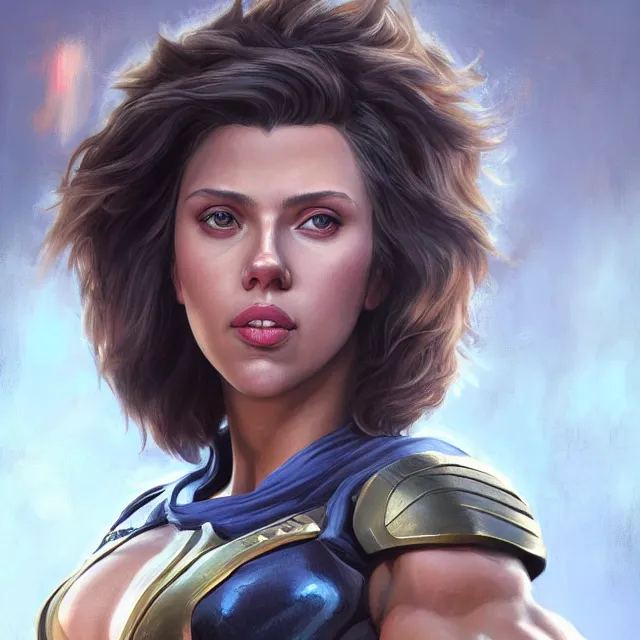 Image similar to detailed portrait of scarlett johansson as a female bodybuilder pharah from overwatch, attractive, beautiful, fantasy, intricate, elegant, highly detailed, digital painting, artstation, concept art, matte, sharp focus, illustration, art by aenaluck, artgerm and roberto ferri and greg rutkowski, epic fantasy, digital painting