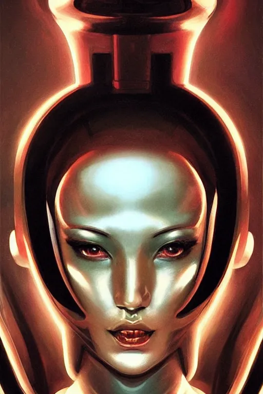 Image similar to retro-futuristic facial portrait of a beautiful female android in vintage used look chrome armour, rim light, ornate pattern, glowing eyes, evil expression, high details, intricate details, painting by vincent di fate, artgerm julie bell beeple, 80s, Smooth gradients, High contrast, depth of field, very coherent symmetrical artwork