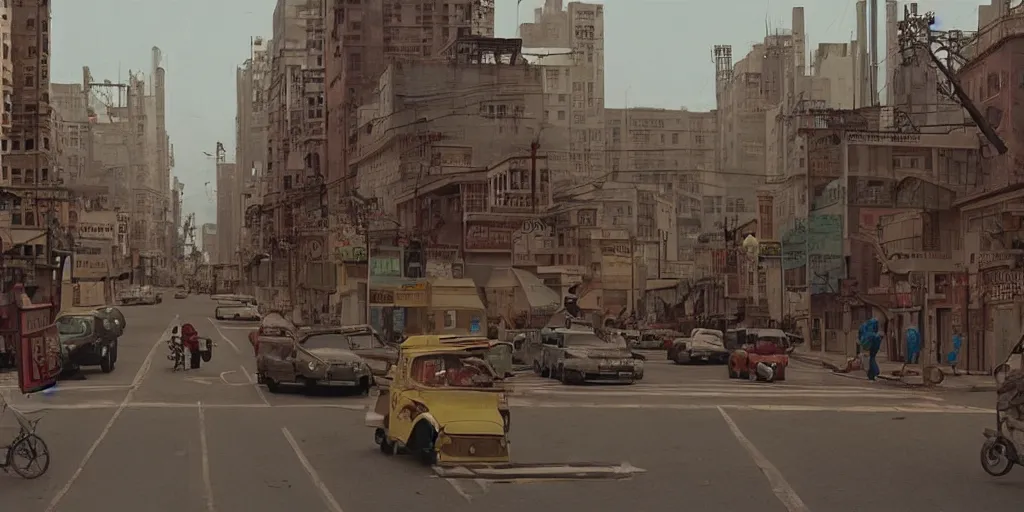 Image similar to a cinematic movie shot of a cheerful and whimsical post-apocalyptic city street by Wes Anderson