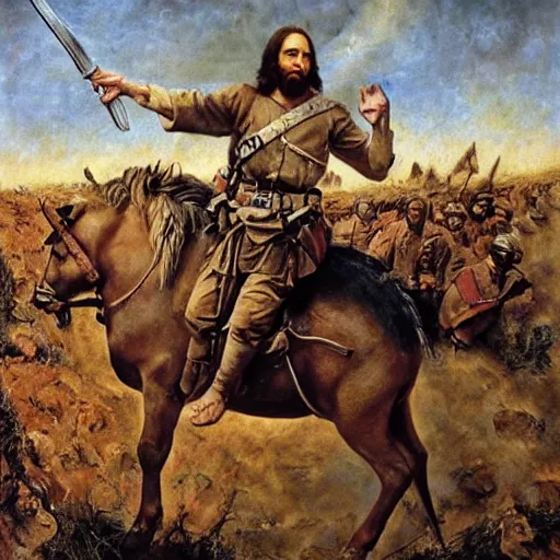 Image similar to Jesus riding a war hog into the battle of the somme as he guides wounded soldiers to safety, oil painting, epic, beautiful