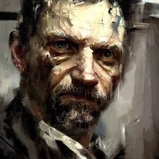 Image similar to face protrait of doctor house,, jeremy mann painting