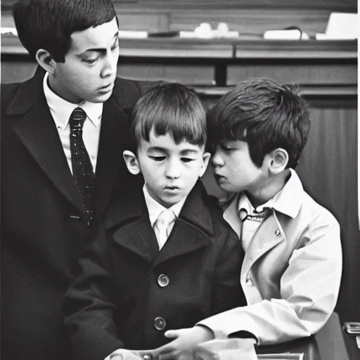 Image similar to “highly detailed photograph of a three kids on each other’s shoulders wearing a trench coat to look like a full size adult lawyer in a courtroom. Vintage 1970’s photography. 35mm.”