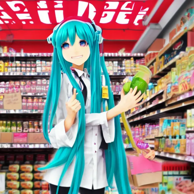 Prompt: hatsune miku shopping at trader joe's, artstation