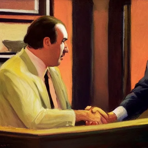 Prompt: tony soprano shaking hands with saul goodman, art by edward hopper, detailed,