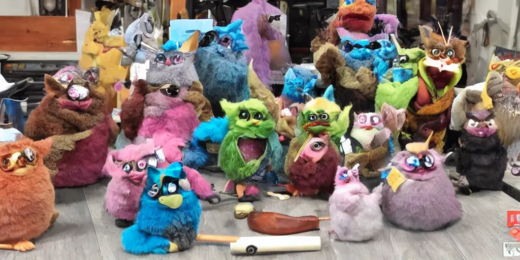 Image similar to an entire cadre of stoner furbies smoking from a variety of pipes, bongs, and implements.