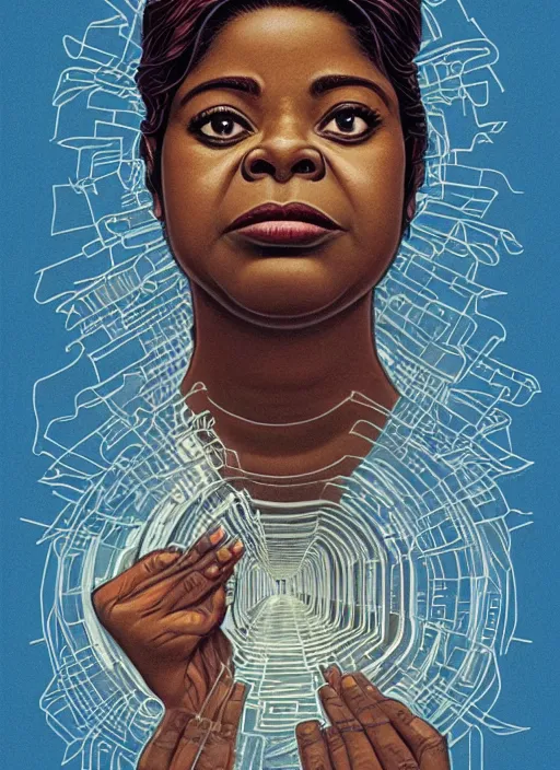 Image similar to poster artwork by Michael Whelan and James Jean, of Octavia Spencer has a invisible shadow man's voice in her head, reality is a labyrinth parking lot, psychological thriller from scene from Twin Peaks, clean, simple illustration, nostalgic, domestic, full of details