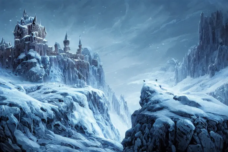 Image similar to single fantasy castle in foreground on a rocky outcrop, highly detailed, icy windswept world with deep blue colours over white, snowdrifts and icicles, illustrated by Greg Rutkowski and Gaston Bussiere, 35mm lens, beautiful macro close-up imagery, moody lighting, beautiful volumetric-lighting-style atmosphere