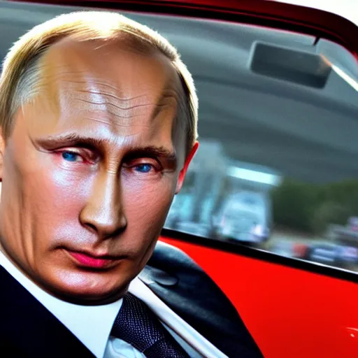 Prompt: Vladimir Putin is driving a VAZ 2106 car, high definition photo