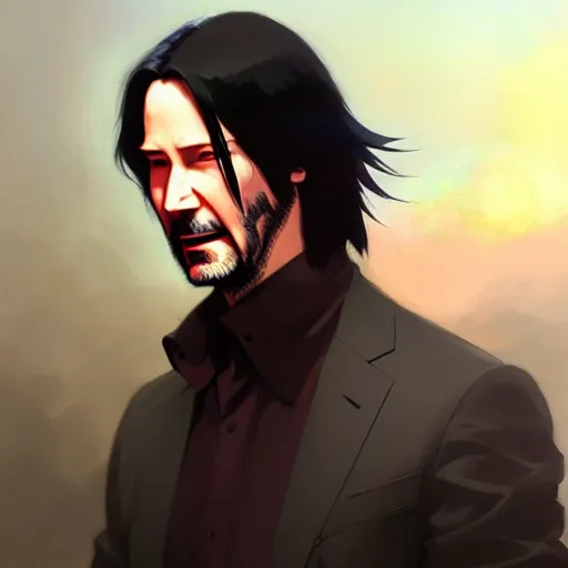 Image similar to keanu reeves brown skin trending on pixiv fanbox, painted by greg rutkowski makoto shinkai takashi takeuchi studio ghibli, akihiko yoshida