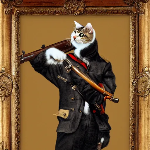 Prompt: a portrait painting of a cat in military uniform holding a musket at its side , artstation, artsy, highly details