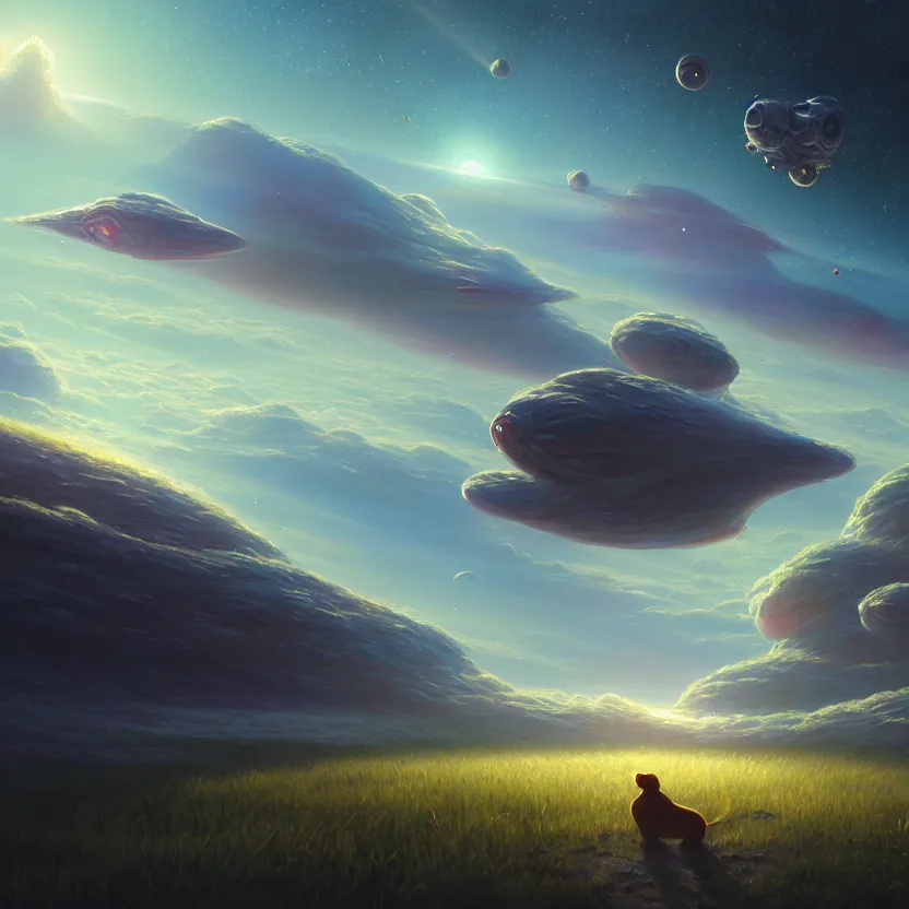 Prompt: a beautiful painting of a scene where a very good boy is being booped by millions of aliens and spaceships by fvckrender dim lighting, detailed portraits, unreal engine 5, concept art, highly rendered, digital painting, artstation, concept art, smooth, sharp focus, perfect horizontal symmetry illustration, detailed and intricate environment, artstation hq