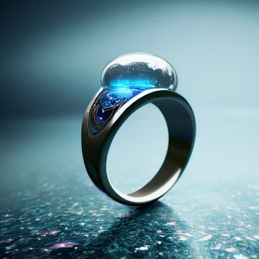 Image similar to a fantasy ring, blue glow, realistic reflections, intricate details, cinematic lighting, depth of field, octane render