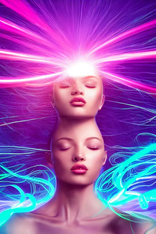 Image similar to a award winning half body portrait of a beautiful woman in a croptop and cargo pants with ombre purple pink teal hairstyle with head in motion and hair flying, surrounded by whirling illuminated lines, outrun, vaporware, shaded flat illustration, digital art, trending on artstation, highly detailed, fine detail, intricate