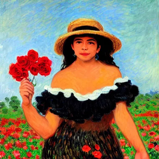 Image similar to beautiful tan mexican woman, full body, dancing in a field of roses and many other exotic flowers, prominent rosy cheek bones, black hair and brown eyes, monet and da vinchi art style,