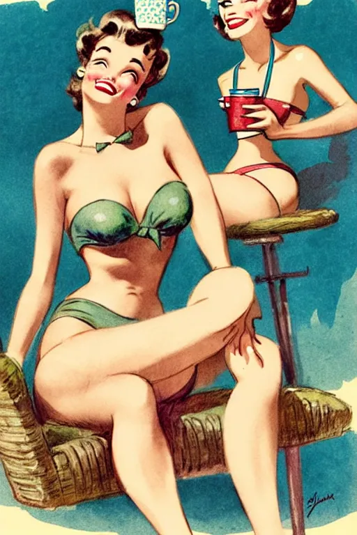 Image similar to 1950s adventure bikini girl drinking coffee with friends, character illustration. muted colors, by Jean-Baptiste Monge