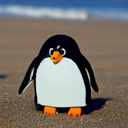 Prompt: A photo of a very cute penguin doing mathematics on the sand, with a looming wave in the background