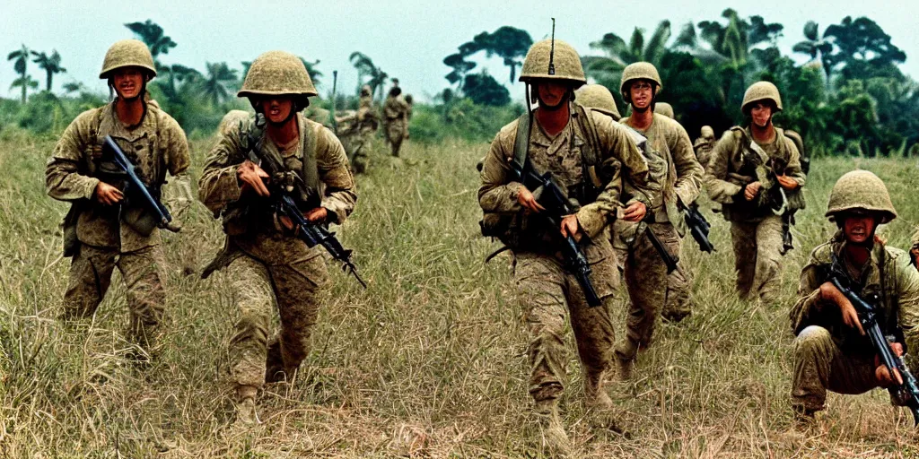 Image similar to u. s. marines move through a landing zone 1 9 6 9, vietnam war, soldiers closeup, face closeup, us flag, jungles in the background, coloured film photography, exposed colour film, ken burns photography lynn novick photography