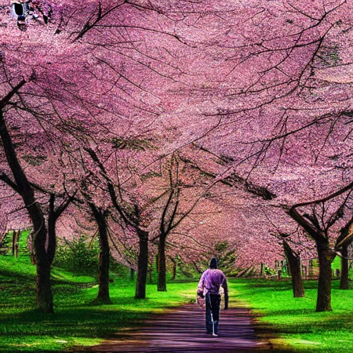 Image similar to a man walks through cherry blossom trees, digital art