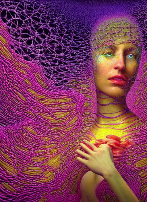 Image similar to hyper detailed 3d render like a Oil painting - Aurora (Singer) seen Eating of the Strangling network of yellowcake aerochrome and milky Fruit and Her delicate Hands hold of gossamer polyp blossoms bring iridescent fungal flowers whose spores black the foolish stars by Jacek Yerka, Mariusz Lewandowski, Houdini algorithmic generative render, Abstract brush strokes, Masterpiece, Edward Hopper and James Gilleard, Zdzislaw Beksinski, Mark Ryden, Wolfgang Lettl, hints of Yayoi Kasuma, octane render, 8k