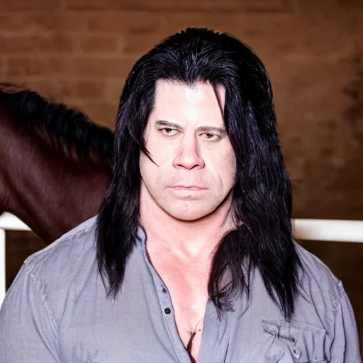 Prompt: glenn danzig working on his horse farm