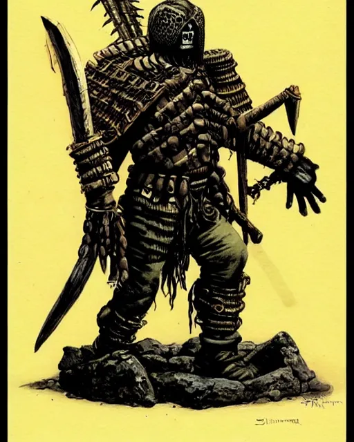 Image similar to full body of a shaman goth soldier wearing armor by simon bisley, john blance, frank frazetta, fantasy, barbarian