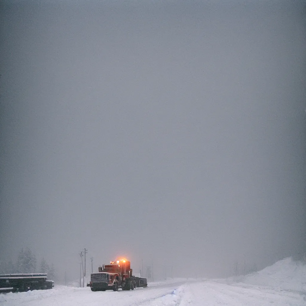 Image similar to photo, big snow plow truck is in the distance with a bright headlighta. cold color temperature, snow storm. hazy atmosphere. humidity haze. kodak ektachrome, greenish expired film, award winning, low contrast,