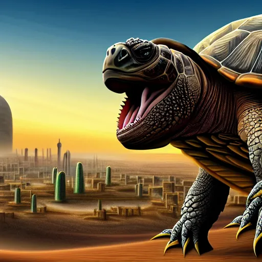 Image similar to Large Fantasy City located on the back of a Giant tortoise stomping through the hot sunny desert, High detail, Dungeons and Dragons, Focus on giant tortoise, 4k