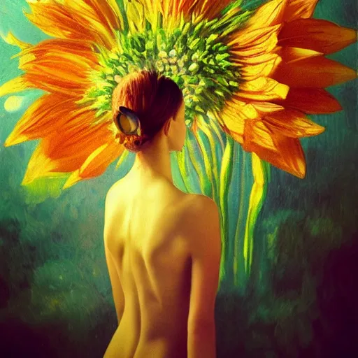 Prompt: giant flower head, woman in a luxury apartment, surreal photography, dramatic light, impressionist painting, digital painting, artstation, van gogh