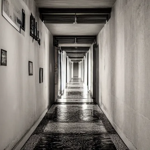 Prompt: an endless hallway with shallow water at the bottem of it, liminal highly detailed, backrooms,