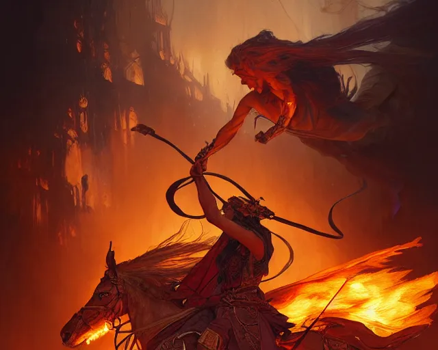 Image similar to battle of kings, fire and dust, action, dramatic lighting, intricate, wild, highly detailed, digital painting, artstation, concept art, smooth, sharp focus, illustration, art by artgerm and greg rutkowski and alphonse mucha