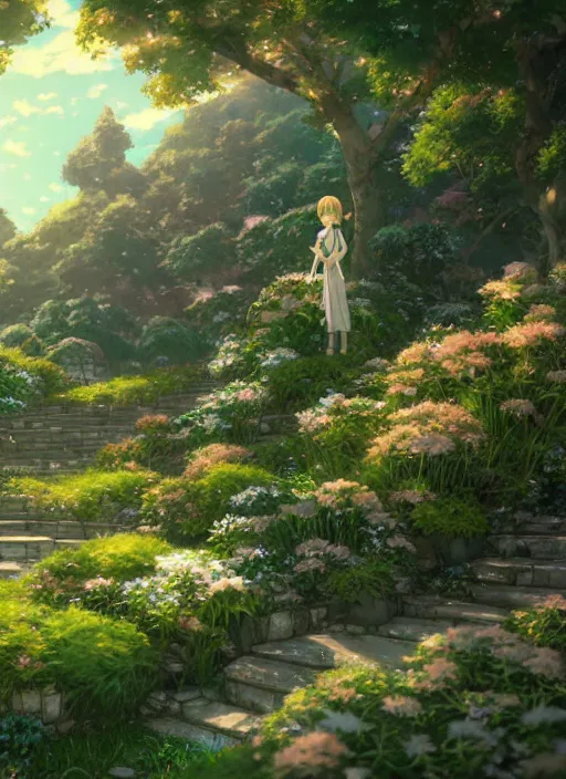 Prompt: the emerald herald in the garden, intricate, tone mapped, highly detailed, digital painting, pixiv, concept art, smooth, sharp focus, illustration, by makoto shinkai and akihiko yoshida